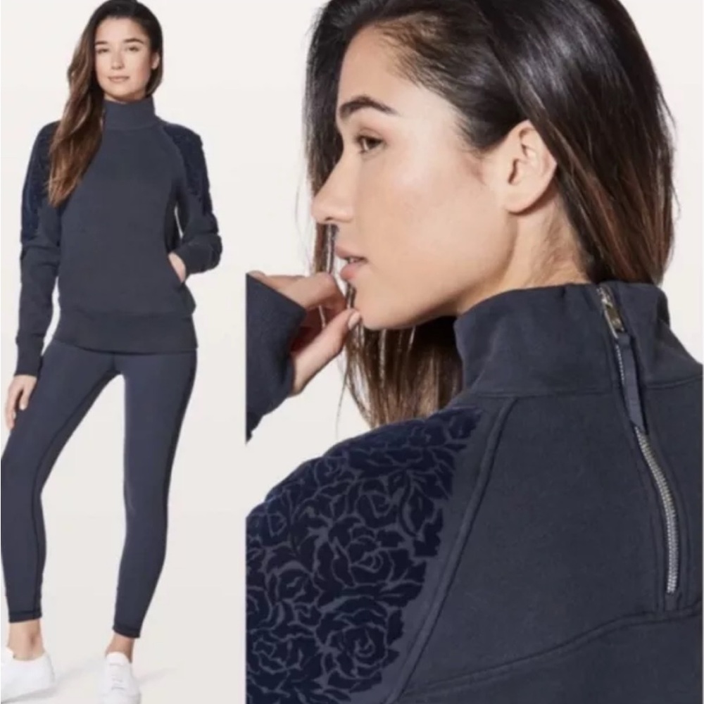 Lululemon Scuba Velvet Floral Flock Half Zip Pullover in Back True Black Size 6